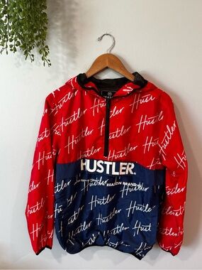 Hustler Red & Black Logo Mesh-Lined Windbreaker Hoodie size small